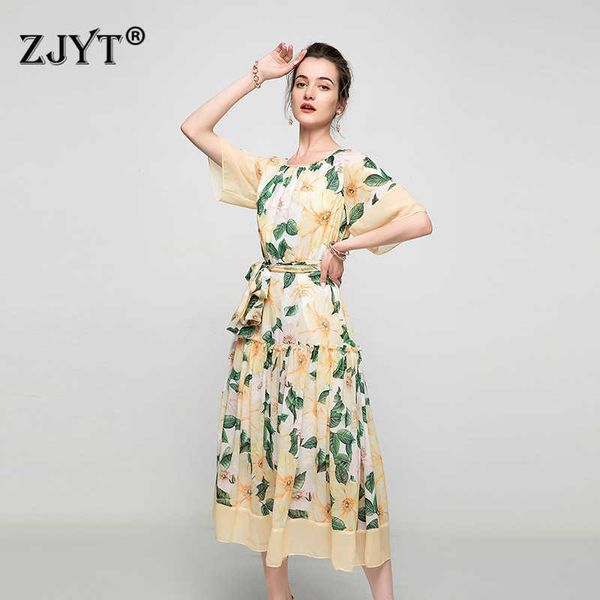 

summer fashion women runway designers short sleeve floral print yellow chiffon long dress holiday bohemian beach vestidos 210601, Black;gray