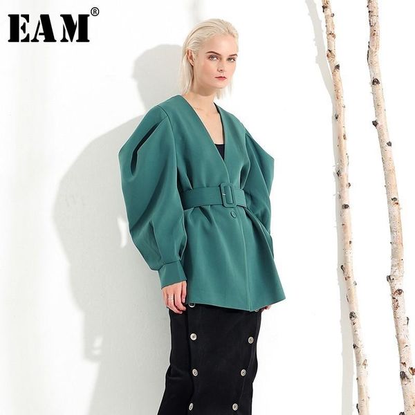 

women's jackets [eam] 2021 spring winter v-collar long batwing sleeve fold split joint green loose bandagejacket women coat fashion jl0, Black;brown