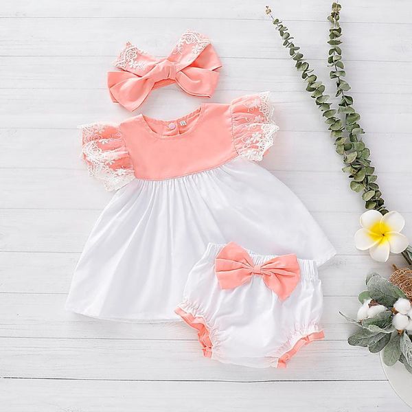 

girl's dresses baby girl clothes summer dress 2021 born kids lace +bow pp shorts +headband outfits set, Red;yellow