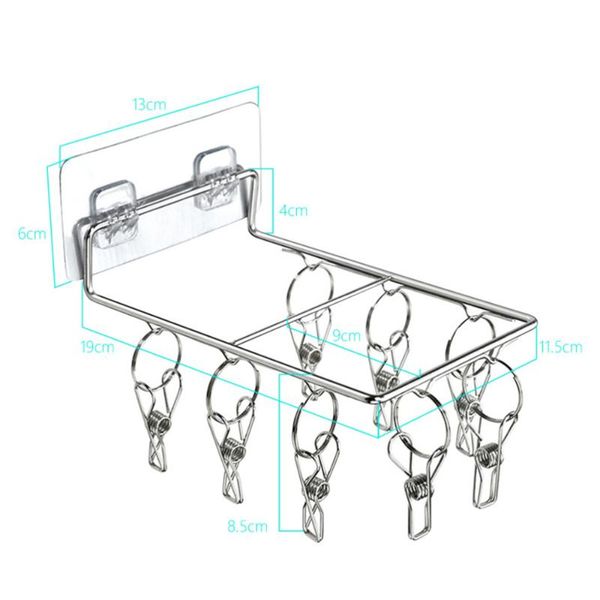 

hangers & racks 2pcs wall-mounted socks rack stainless steel non-slip drying clips shelf (8 clips)