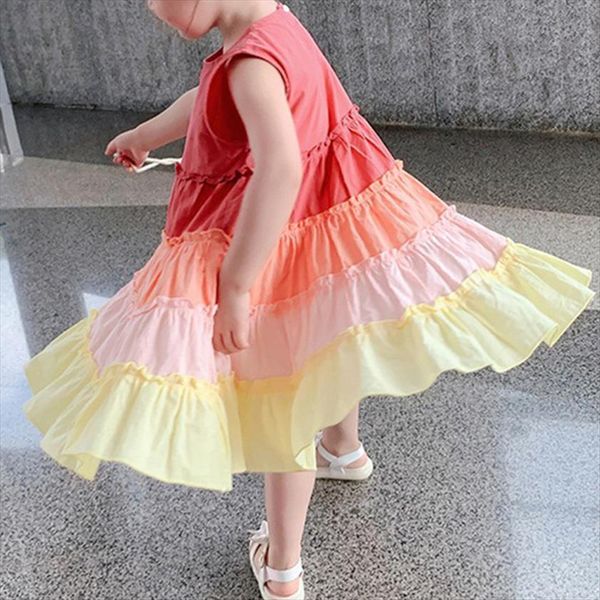 

square collar rainbow kids girl dresses clothes cartoons elegant cute summer sleevelss princess girls casual clothing, Red;yellow