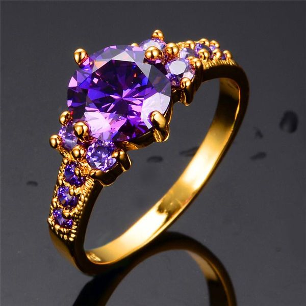 

wedding rings charm female purple crystal stone ring vintage gold color thin for women luxury round zircon engagement, Slivery;golden