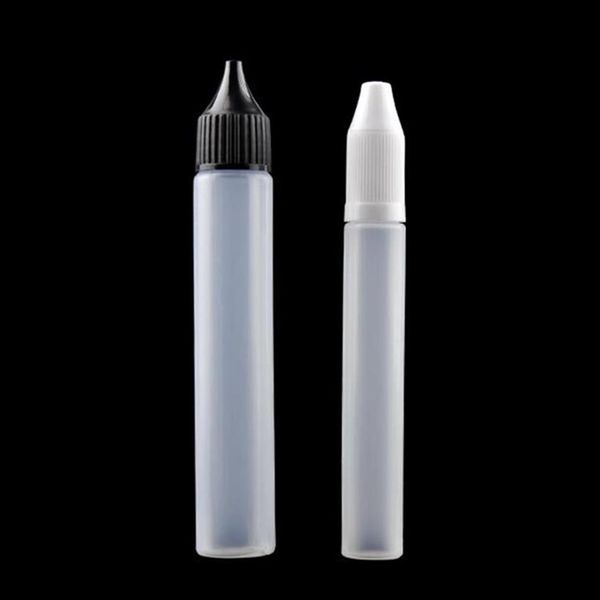 Nova frasco vazio de plástico 30ml PE tamp top gotas caneta estilo unicron e-líquido gotejador garrafa com longos tampas brancas pretas RefillingDHLA49 A31