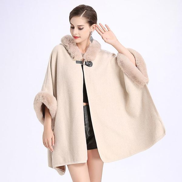 

women's wool & blends donsignet 2021 autumn winter fur collar hooded double-faced cardigan shawl cloak womens coats, Black