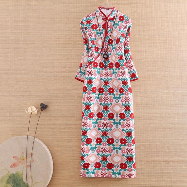 

ethnic clothing high-end autumn women embroidery cheongsam mesh dress style retro elegant lady slim qipao party female s-xxl, Red