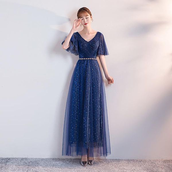 

ethnic clothing flare sleeve sequins mesh cheongsam blue pleated formal party dress gown v-neck rhinestone belt qipao maxi bandage vest, Red