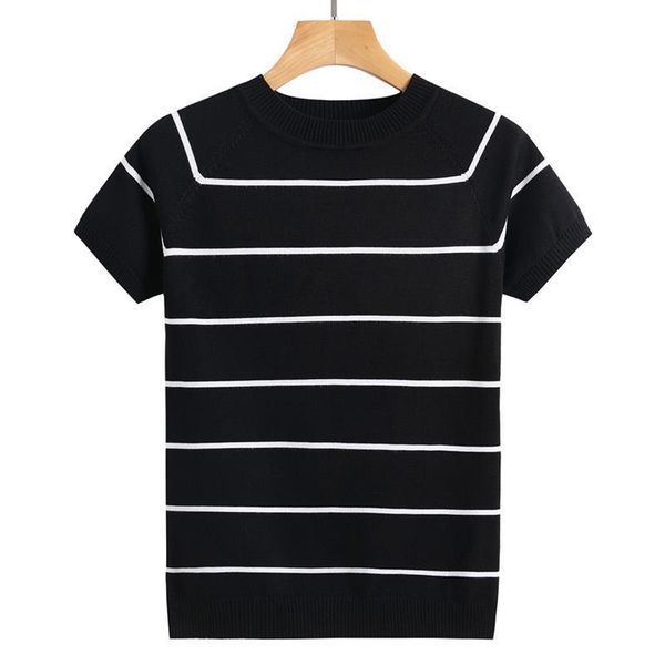 

new women o-neck t-shirt summer short sleeve striped t shirts tees sweater knitted t shirt korean pull femme jumper female, White