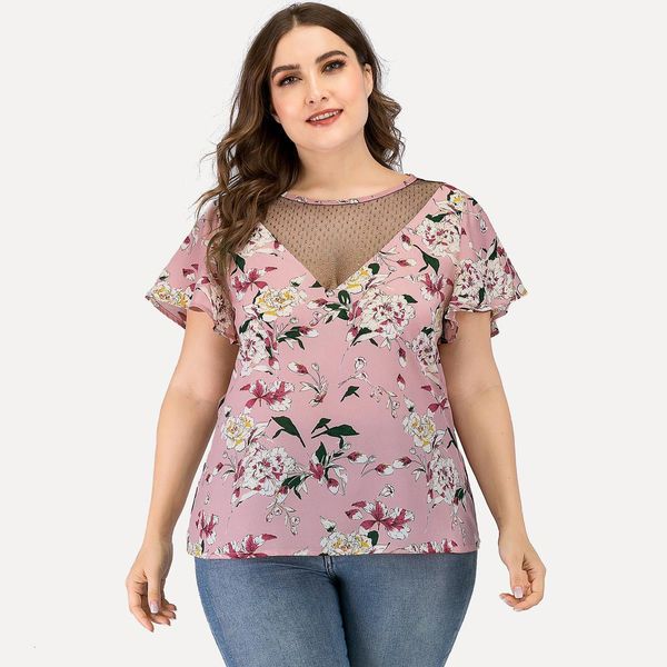 

amtivaya xl chiffon printed blouse v-neck mesh stitching short sleeve 2021 summer new women's clothing drop shipping, White