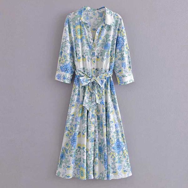 

vintage women printed shirt dress with belt three quarter sleeves chic lady fashion button-up midi dresses woman robe 210709, Black;gray