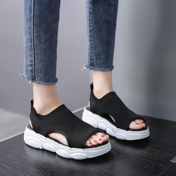 

sandals knit women black platform summer stretch fabric breathable open toe zapatos mujer 2021