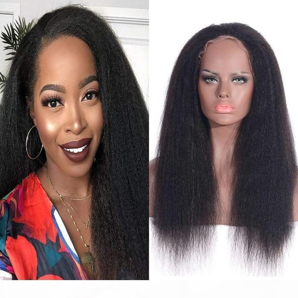 

peruvian human hair wig kinky straight 13x4 lace front wig 360 lace frontal wigs for women 8-24 inch, Black;brown