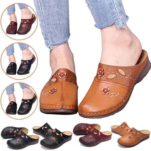 Mulheres de alta qualidade entupimentos Sandálias Senhoras Conforto Fechado Toe Cunhas Plataforma Sapatos Flor Slipper 210928