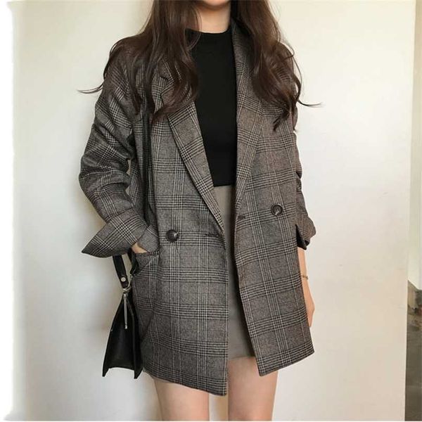 Kadın Blazer Suits Check Uzun Kollu Pamuk Ceket CSUAL Vintage Ceket Ekose Blazer Ceket Çentikli Katı Zarif Kadın Tops 99i 211122
