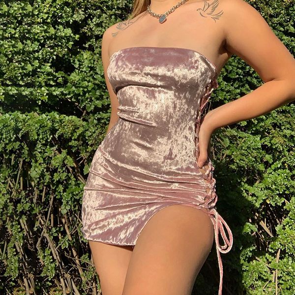 

velvet club dresses summer 2021 women party night wear strapless hollow out lace up bodycon mini dress d69-bf17, Black;gray