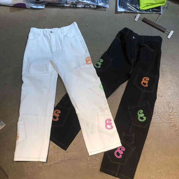 

men's jeans y2k summer cargo jeans men and women vintage pocket letter print plus size streetwear black white denim pants female uv10, Blue