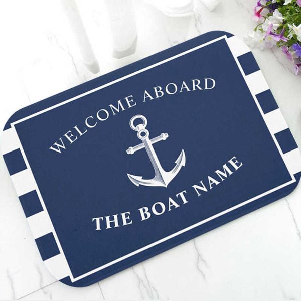 Chic L Âncora Barco Marinho Azul Listras Personalizado Capacete Moderno Personalizado Seu Barco Nome De Borracha Esteira De Porta Tapete Tapete Decoração 210727