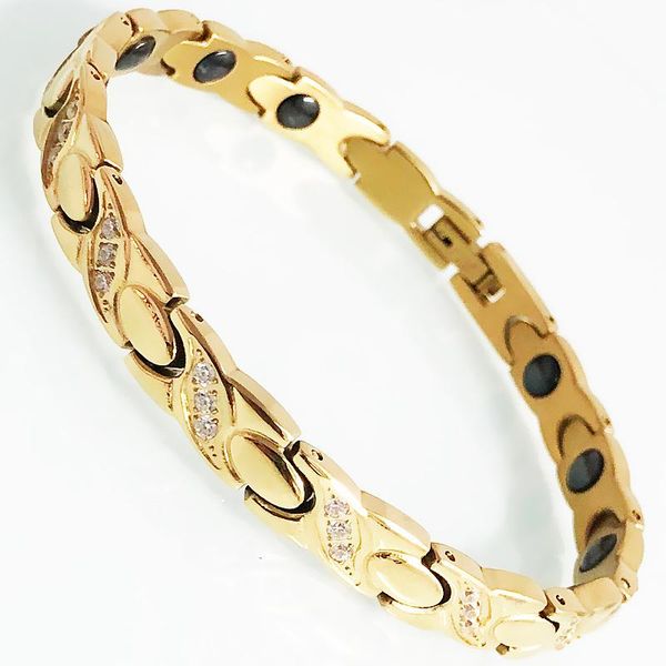 

link, chain women's gold color stainless steel on hand bracelets health care germanium therapy magnetic bangles for female jewellery, Black