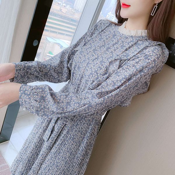 

temperament waist floral dress women's 2021 spring new french close slim pleated long sleeve medium length chiffon skirt hot, Black;gray