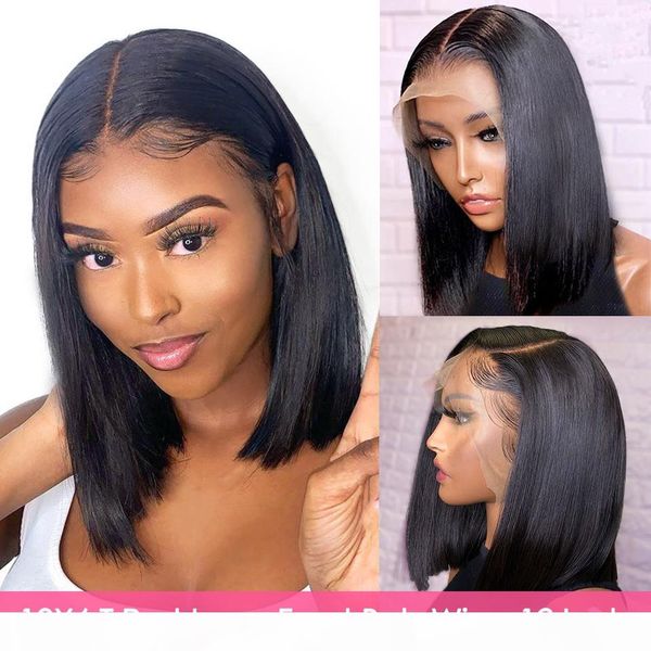 

13x6 t part hd lace front wigs brazilian straight remy human hair short glueless lace closure bob wigs for black women, Black;brown