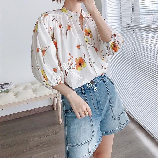 

2021 new camisa de gola feminina algodo manga floral impresso solta blusa nica breasted h617, Black