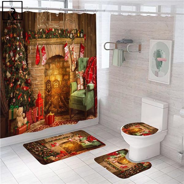 

shower curtains christmas simulated fireplace 3d curtain set bath mat bathroom hooks rug toilet carpets festival home decoration