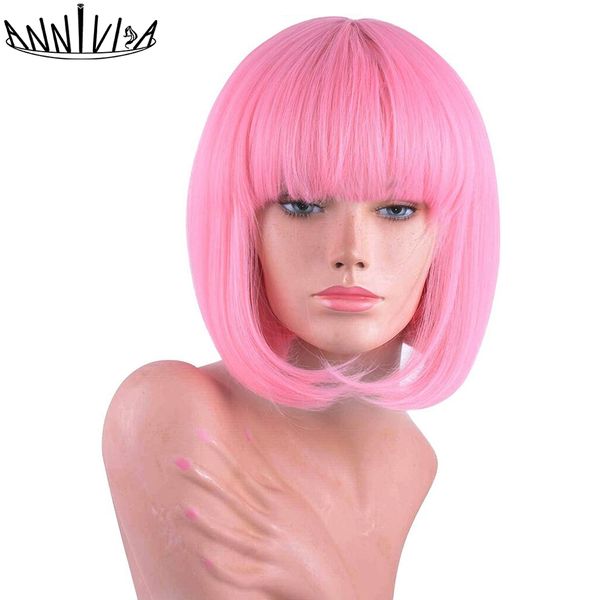 

straight hair bob wig with bangs for women synthetic glueless wigs medium length heat resistant short hair cosplay wigs annivia, Black