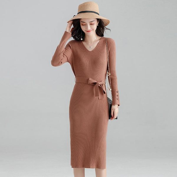

casual dresses autumn and spring style korean version of the long women dress v-neck pit strip jumpers sweater, Black;gray