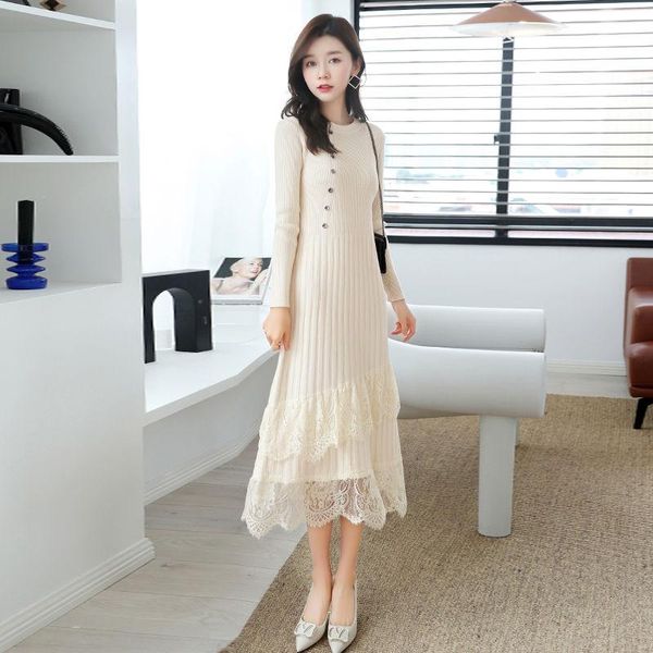 

women 2021 autumn winter knitted round neck dresses female long sleeve lace stitching dresses ladies casual slim vestidos a447, Black;gray
