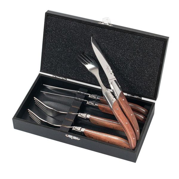 

forks laguiole cutlery steak knives rose wood handle tableware set stainless steel dinner knife fork restaurant 8.7''