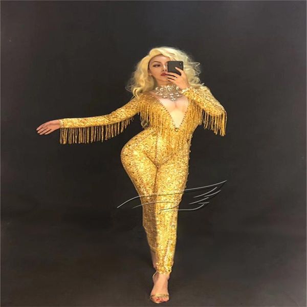 

party decoration e70 gold tassel ballroom dance stage costumes wears dress dj singer bodysuit gogo jumpsuit female outfits performance show