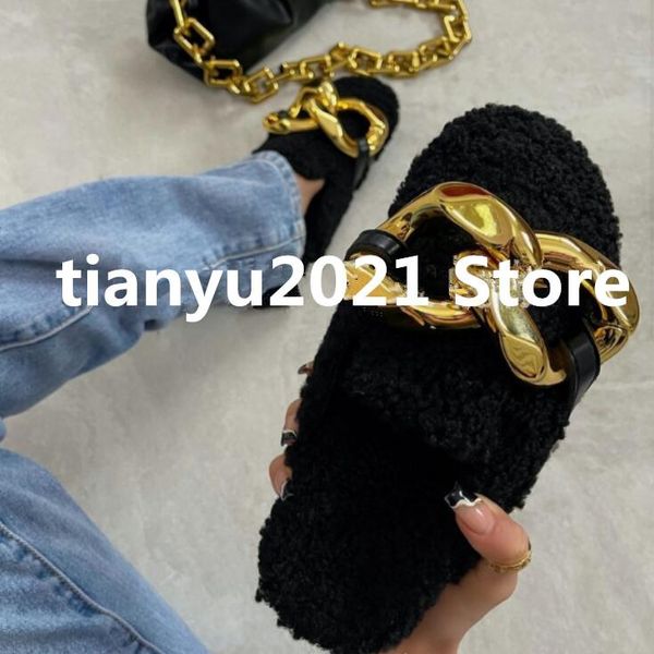 

slippers women home all-match lamb wool baotou half-tow female outer wear metal double buckle flat-bottomed fur large chain, Black