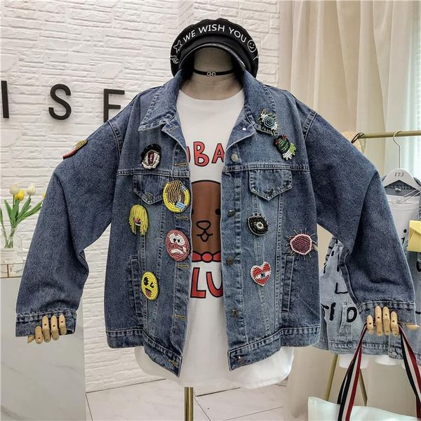 

women's jackets 2021 heavy industry badge patch fashion personality loose denim jacket female retro tide 0228, Black;brown