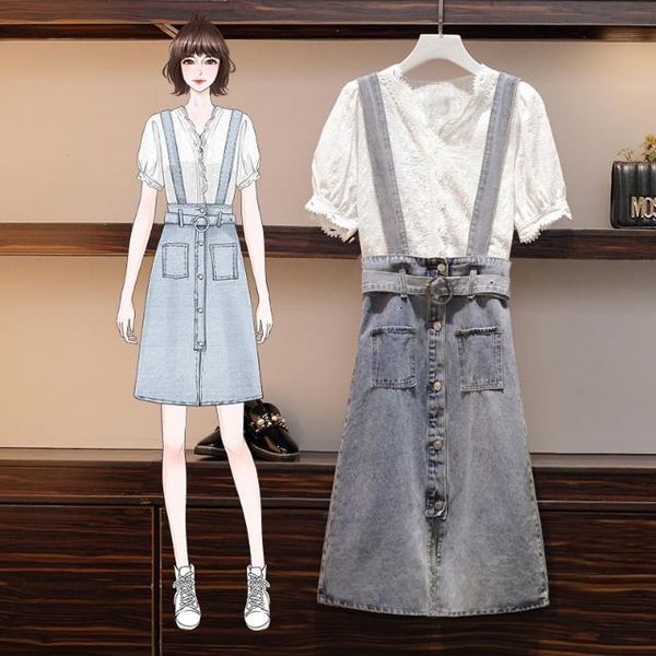 

new women 2021 summer vintage two piece set female outfits short sleeve v-neck blouses and spaghetti strap denim sets a861202n, Black;gray