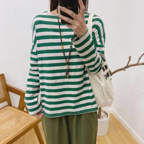 

women's t-shirt johnature casual striped woman t-shirts 2021 spring simple all match loose o-neck female, White