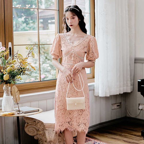 

women v-neck puff slace dresses elegant summer party high waist diamond beading slim dress vestidos 210529, Black;gray