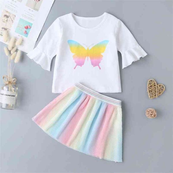 Children de verão conjuntos casual manga média impressão borboleta tie-tintura t-shirt arco-íris plissado saia meninas roupas 0-24m 210629