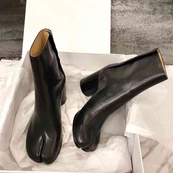 

tabi boots design split toe chunky high heel women leather zapatos mujer fashion autumn shoes botas mujer1, Black