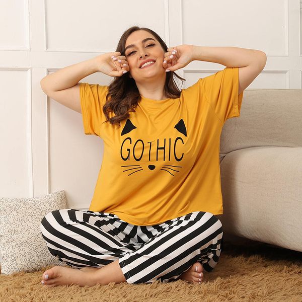 

2021 new wholesale large size yellow cute casual woman pajamas sleep sets stripe pants bathrobes for women home clothes night wear 8ogk, Black;red