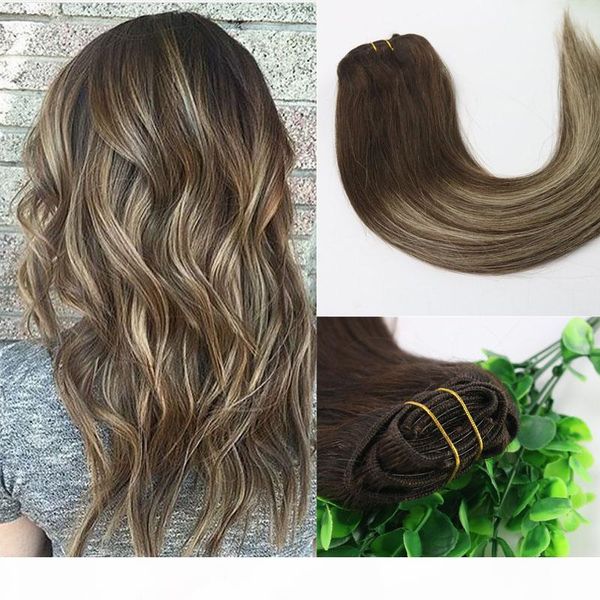 

8a 7pcs 120gram clip in human hair extensions ombre brown human hair brunette shade with blonde balayage highlights, Black