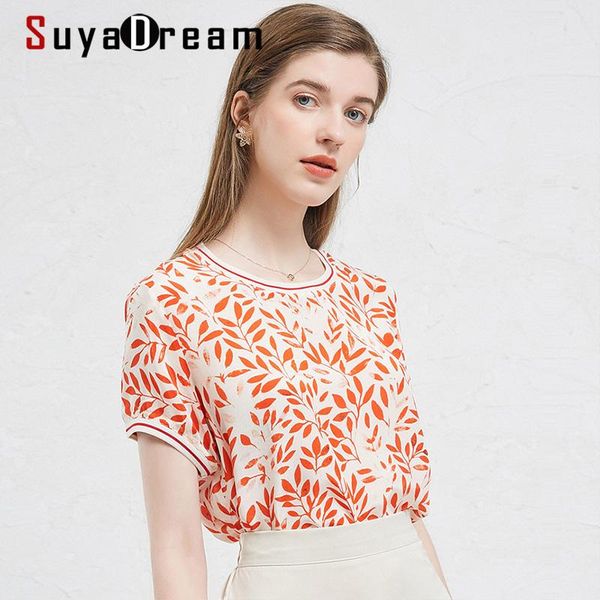 

women's blouses & shirts suyadream elegant women blouse 100% real silk crepe red print shirt o neck 2021 summer, White