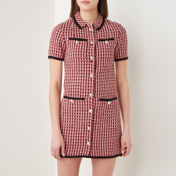 

2021 autumn fall short sleeve lapel neck red dress plaid tweed double pockets panelled single-breasted women short fashion dresses g127007, Black;gray