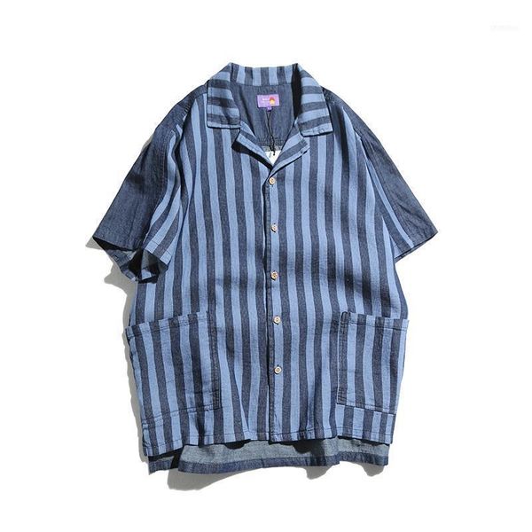 

male japan style streetwear loose hip hop shirts men stripe splice denim vintage fashion casual short sleeve shirts1, White;black