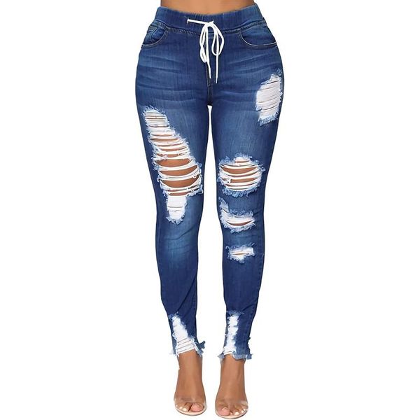 

yoga outfit autumn drawstring ripped jeans women's stretch tight-fitting hip all-match elastic band denim pant