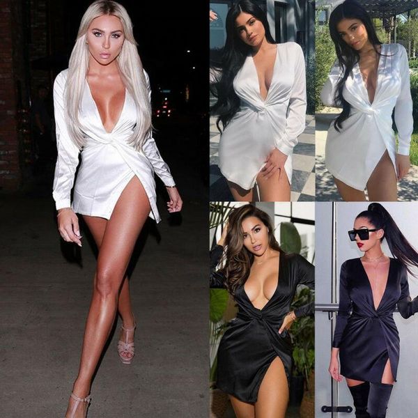 

new trendy women deep v-neck bandage bodycon evening party club satin mini dress ladies short knot wrap split party dresses, Black;gray