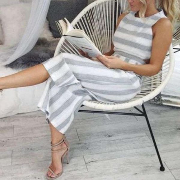 

women's pants & capris mid waist backless wide-legged cotton striped sleeveless jumpsuit women casual summer calf-length, Black;white