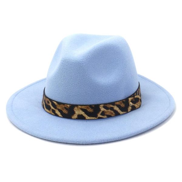 

wide brim hats men women flat wool felt jazz fedora with leopard belt trend green carnival party formal hat panama gambler cap, Blue;gray