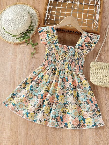 

toddler girls floral print shirred dress she, Red;yellow