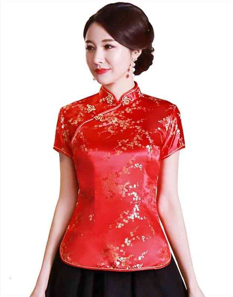 

short cheongsam traditional chinese faux silk satin dragon and phoenix embroidery blouse qipao shirt, White