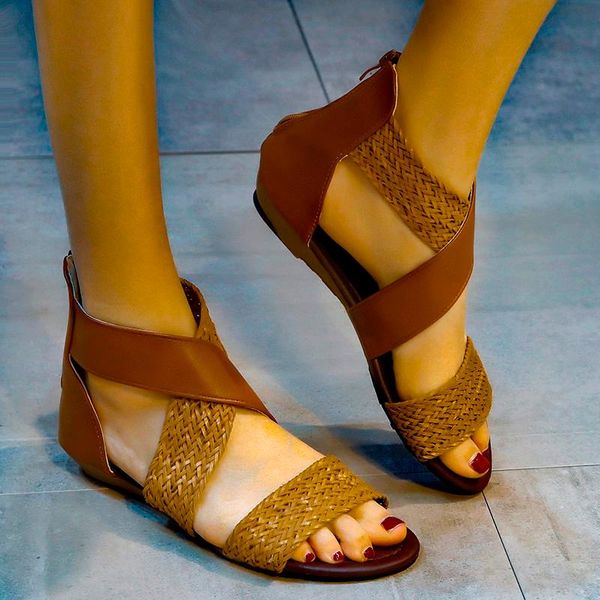 

sandals women's cross zipper open toe fish mouth comfortable casual shoes non-slip flat, Black