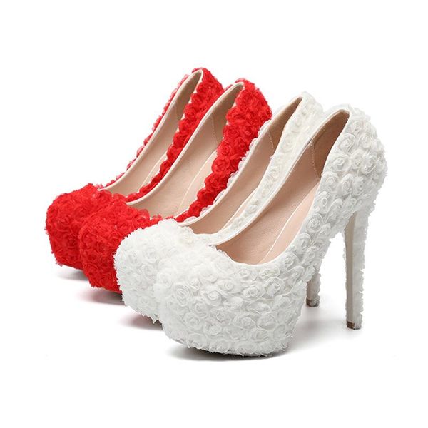 

dress shoes 3d rose floral lace wedding high heel 14cm platform heels red bridal princess pump women pumps, Black